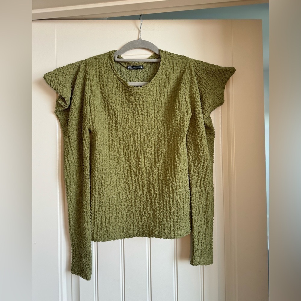 Zara Olive Green Textured Short Sleeve Blouse